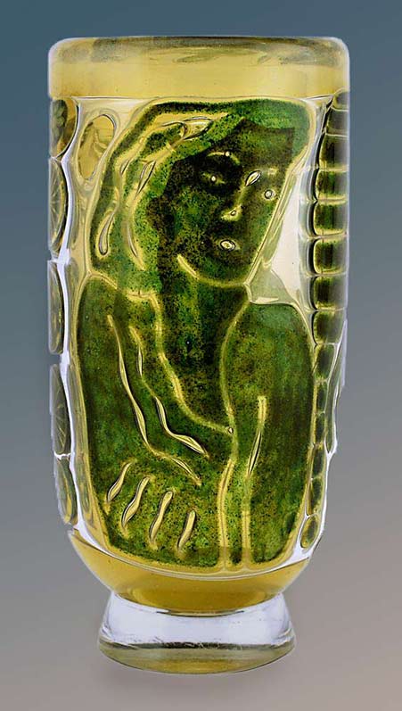 Edvin Öhrström (1906-1994), Orrefors, 'Ariel' Glass Vase modernist Green female motif