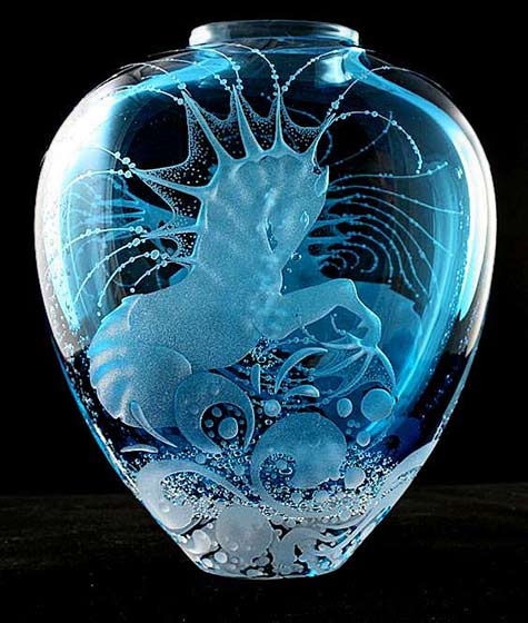Turquoise sea horse engraved glass vase -Guild-of-Glass-Engravers.