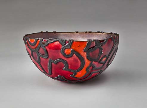 Fortuny-Bowl-(spun and hammered copper with electroformed design, light purple enamel interior, red and orange enamel exterior1981-June-Schwarcz