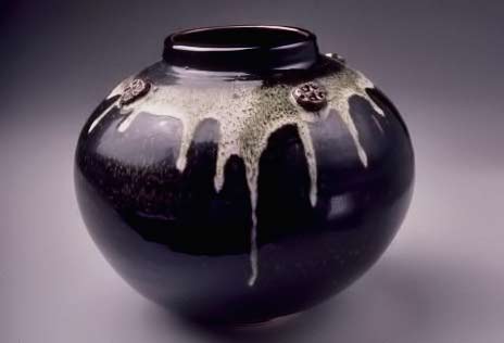 Globe vase, temmoku with white drip glaze - Bob Pool