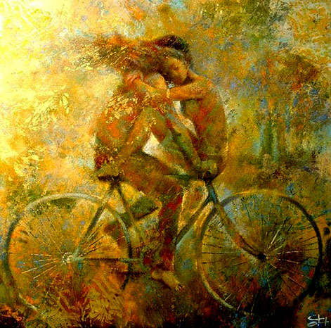 Oleg Tchoubakov1--couple-art-love-art Embracing couple on a bike
