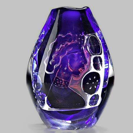 Orrefors-(Sweden)-Ariel-purple glass-vase with female bust motif