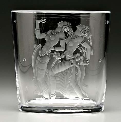 Simon Gate (Swedish, 1883-1945), Orrefors, 'Java Dancers' Engraved Glass Vase