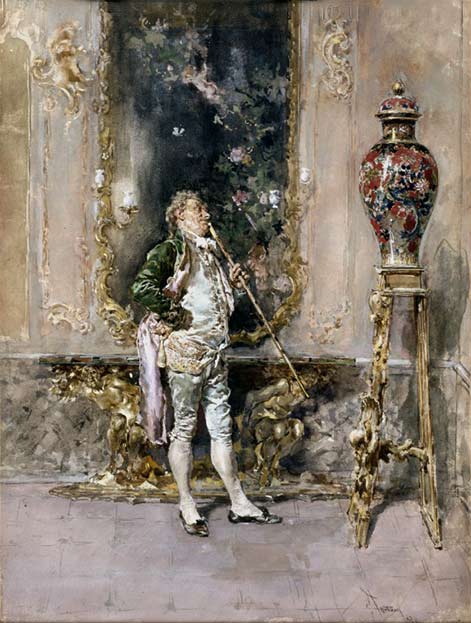 The-Rare-Vase-1870-Mariano-Fortuny A man admiring a vase on a pedestal