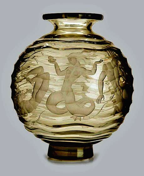 Vicke-Lindstrand Orrefors,-'Mermaids'-Engraved-Glass-Vase