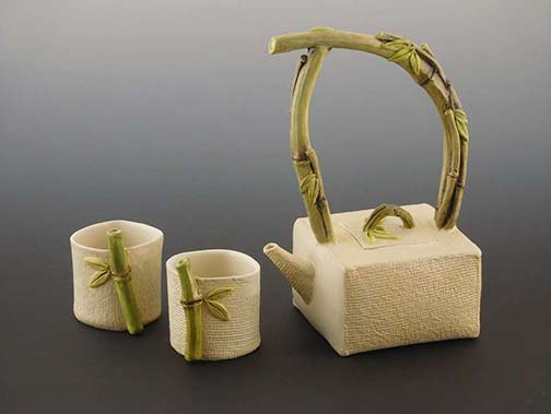 Yumiko-Aso-ceramic-tea-set Bamboo style handles