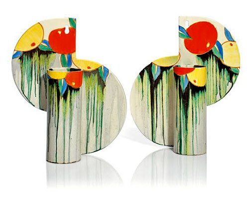 -pair-of-clarice-cliff-large-wall-pockets-In-the-'Bizarre'-'Delecia-Citrus'-pattern,-the-underside-of-each-additionally-painted-as-a-citrus-fruit-12inches-in-height
