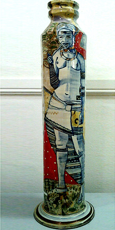 Ceramic vase with tall female tribal figure -- Lisa Liebermann