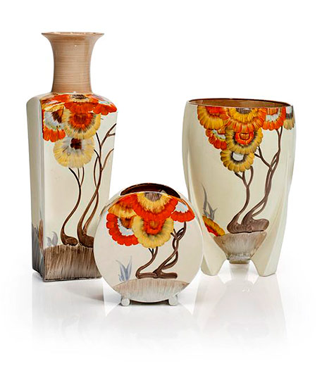 'Bizarre'-'Rhodanthe'-pattern-vases,-Clarice-Cliff