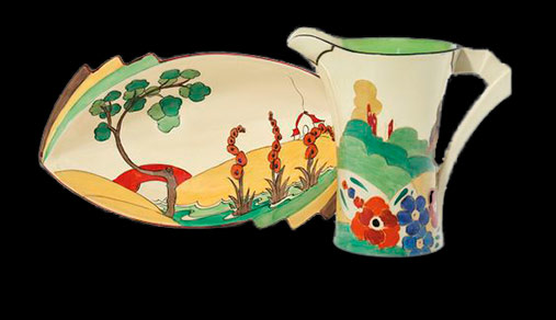 Clarice Cliff-centerpiece-bowl-and-pitcher-The-bowl-in-the-‘Bizarre’-‘Bridgewater’-pattern,-shape-475,-the-pitcher-in-the-‘Fantasque-Alton’-pattern,-Daffodil-shape-12