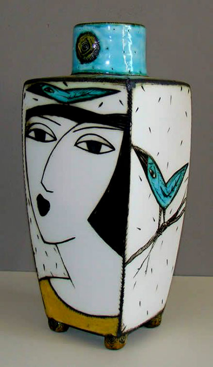 Charmaine-Haines female face and bird motif vase-South-Africa