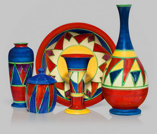 five-clarice-cliff-wares--'Original-Bizarre'-pattern---three-vases,-shapes-186,-278-and-3,-a-footed-centerpiece-bowl-and-an-octagonal-jam-pot-and-cover-11