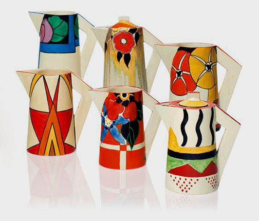 Four-clarice-cliff-jugs-and-two-coffee-pots-and-covers