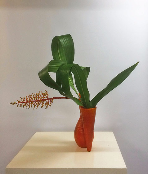 Pats-Ikebana-Bromeliad-and-leaves red vase---2016
