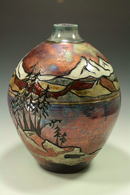 Raku-Vase-Mountain-carved---Blue-Spruce-Pottery