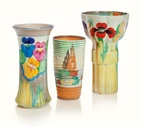 Three art deco clarice cliff ‘bizarre’ vases-The first in the ‘Delicia Pansies’ pattern, the second ‘Capri’ the third ‘Delecia Poppy’