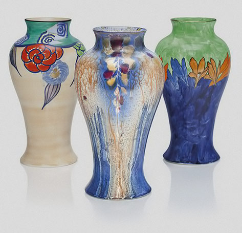 Three-english-porcelain-vasesThe first designed by John Butler in the ‘Tibetan’ pattern, the second ‘Carmelia’ ‘Tahiti’ signed S.P., the third with factory stamp for Wilkinson