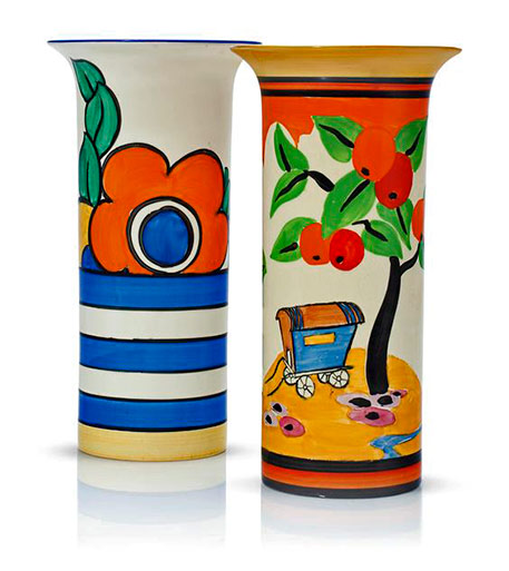 Two-clarice-cliff-vases--In the 'Bizarre' 'Latona Flowerheads' and 'Applique Caravan' patterns