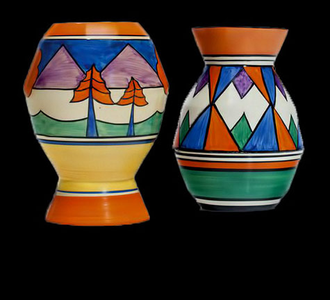 2-Clarice-Cliff-vases-In-the-‘Original-Bizarre’-pattern,-shape-360-and-the-‘Bizarre’-‘Luxor’-pattern