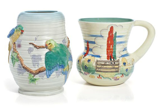 Two-clarice-cliff-vases The first in the ‘Love Birds’ pattern, the second ‘Stile & Trees’