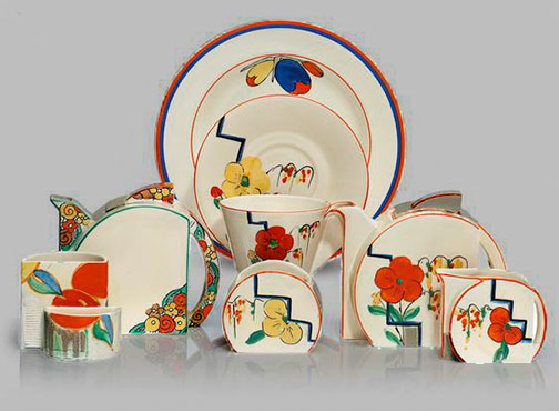 Clarice CliffThe tea set comprising: a teapot, tea cup, saucer, sugar bowl and creamer, all in the Stamford shape, lacking Clarice Cliff mark, the other Clarice Cliff wares comprising a plate in the ‘Bizarre’ ‘Flora’ pattern, a teapot in the Stamford shape and a vase in the ‘Bizarre’ ‘Delecia’ pattern,