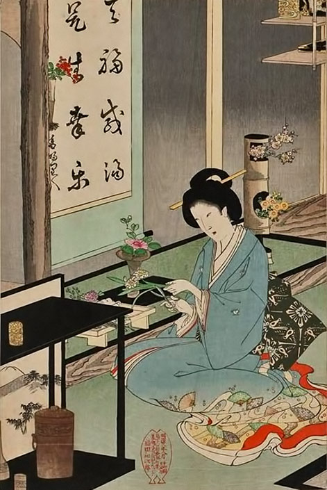 Toyohara-Chikanobu-(Japanese-1838-1912)---Flower-Arranging-and-Tea-Ceremony-(1895) Japanese lady creating ikebana