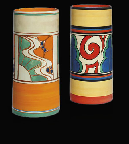 Two-Clarice-Cliff-vases-The-first-‘Sunrise’,-the-second-‘Arabesque’