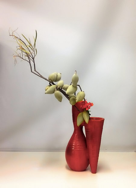 Woody-Pear-and-Ixora-Pats-Ikebana-2016 Pat Mackie ikebana