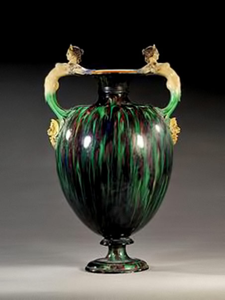 A-Minton-attributed-majolica-two-handled-vase, with arched mermaid handles