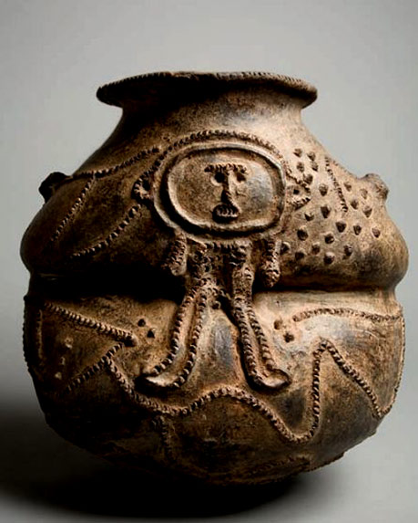 Mambila peoples ceramic ritual vessel, spaceman like motif -~-Nigeria,-Cameroon