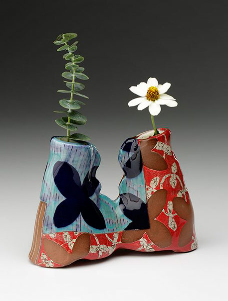 Adero-Willard-twin-conjoined-vase with botanical decoration