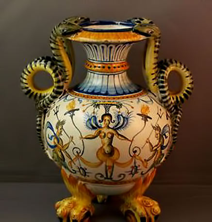 Antique Italian Cantagalli Maiolica Pottery Vase - Snake Handles - Mermaids