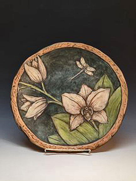 Babette-Harvey--ceramic-plate with dragonfly and flowers