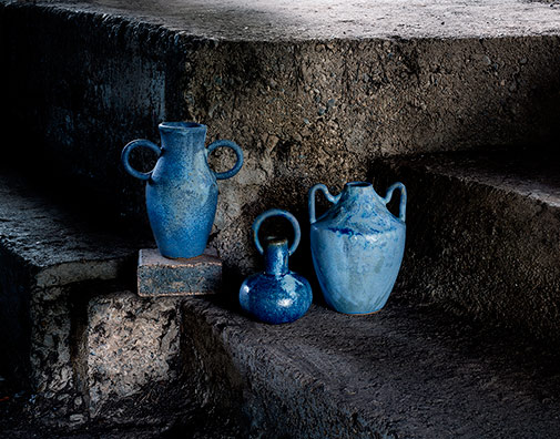 Three blue ceramic pots -- Nicolette johnson