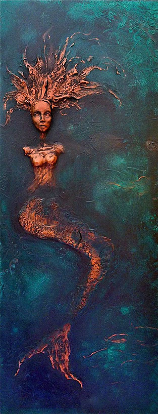 Mermaid Inspirational Wall Sculpture by Fae Factory Artist-Dr Franky Dolan-(clay relief canvas painting-Mixed-Media)