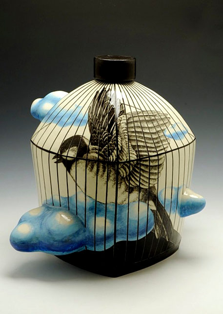 MyungJin-Kim,-Artist,-Cloud-Jar-(front),-2009 with bird on blue cloud motif