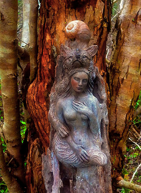  Forest Woman & Fox, Nature Is Kin, Driftwood Sculpture by Debra Bernier-UK