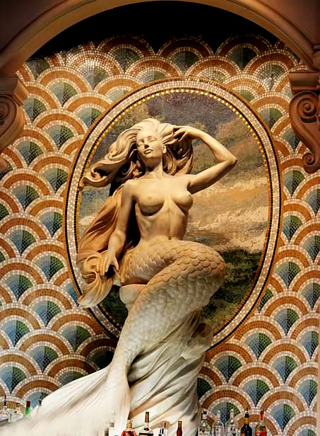 Mermaid sculpture with mosaic background at bar at Caesar’s Palace Hotel