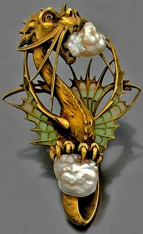 Gold Art Nouveau-dragon-with-pearlls