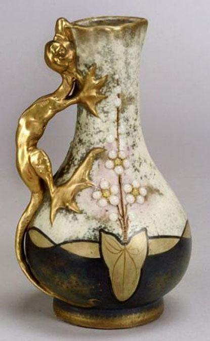 amphora-art-nouveau-ceramic-ewer,-czechoslovakia,-early-20th-century,-pear-shaped,-with-short-spout,-the-handle-formed-as-a-gilt-dragon