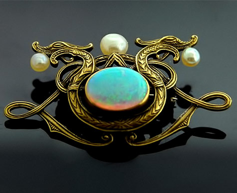 Art-Nouveau-twin-dragon-brooch with pearls and opal