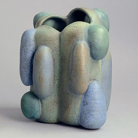 Beate Kuhn,-own-studio,-Germany-Unique-stoneware sculptural vessel with matte glaze in shades- of green