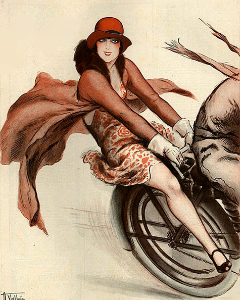 Art Deco Illustration by Armand Vallee for La Vie Parisienne-1920's Flapper on back of motobike