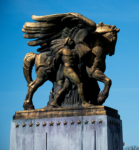 Arts of Peace outdoor sculpture by American sculptor James Earle Fraser - walking man with horse
