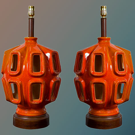 Pair-of-Midcentury-Lamps with orange glaze