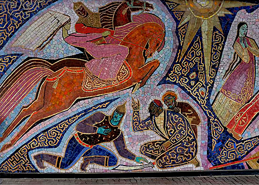 The 1965 Enlik Kebek mosaic on the outside of the Hotel Almaty in Kazakhstan
