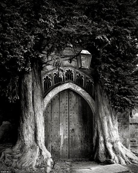  yews framing a wooden door of a church in Stow-on-the-Wood