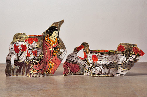 BETTY WOODMAN=-HisHers Vases River Viewing Studio Screen, 2004, glazed earthenware, epoxy resin, lacquer, paint, 29 x 72 x 9