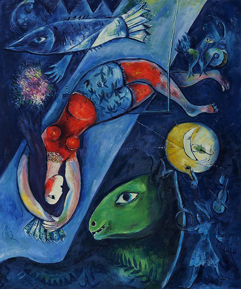Blue-Circus-by-Marc-Chagall painting of trapeze artist