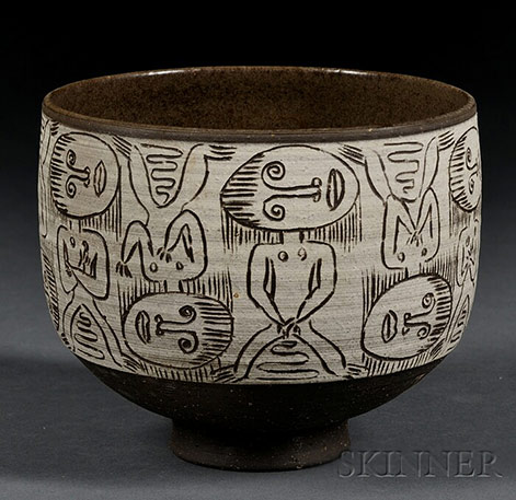 Bowl with sgraffito or brushed decoration over slip, by Edwin and Mary Scheier